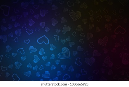 Dark BLUE vector cover with Shining hearts. Decorative shining illustration with hearts on abstract template. Pattern for marriage gifts, congratulations.