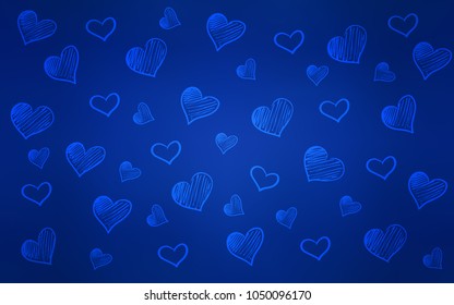 Dark BLUE vector cover with Shining hearts. Blurred decorative design in doodle style with hearts. Pattern for marriage gifts, congratulations.