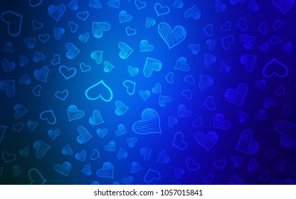 Dark BLUE vector cover with Shining hearts. Glitter abstract illustration with colorful hearts in romantic style. Pattern for marriage gifts, congratulations.