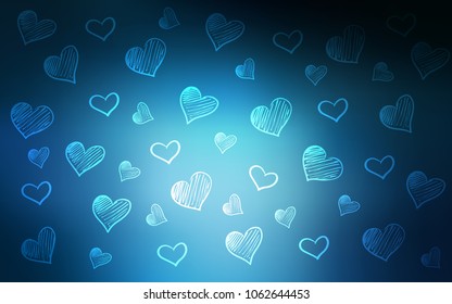 Dark BLUE vector cover with Shining hearts. Blurred decorative design in doodle style with hearts. Design for ad, poster, banner of Valentine Day.