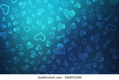 Dark BLUE vector cover with Shining hearts. Glitter abstract illustration with colorful hearts in romantic style. Design for ad, poster, banner of Valentine Day.
