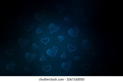 Dark BLUE vector cover with Shining hearts. Hearts on blurred abstract background with colorful gradient. Design for ad, poster, banner of Valentine Day.