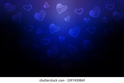 Dark BLUE vector cover with Shining hearts. Glitter abstract illustration with colorful hearts in romantic style. Pattern for carnival, festival romantic leaflets.