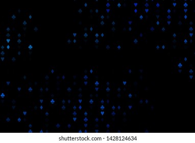 Dark BLUE vector cover with symbols of gamble. Colorful gradient with signs of hearts, spades, clubs, diamonds. Pattern for ads of parties, events in Vegas.