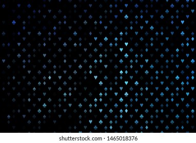 Dark BLUE vector cover with symbols of gamble. Illustration with set of hearts, spades, clubs, diamonds. Design for ad, poster, banner of gambling websites.