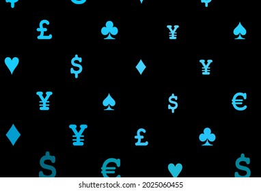 Dark blue vector cover with symbols of gamble. Colored illustration with hearts, spades, clubs, diamonds. Template for business cards of casinos.