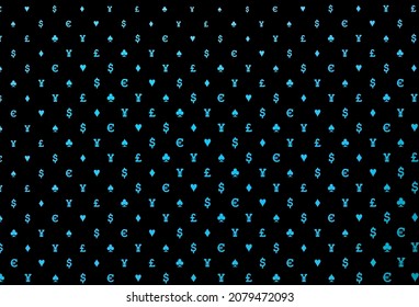 Tapa vectorial azul oscuro con símbolos de juego. Ilustración de color con corazones, espadas, palos, diamantes. Plantilla para tarjetas de visita de casinos.