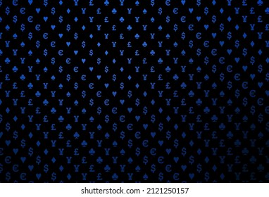 Dark blue vector cover with symbols of gamble. Illustration with set of hearts, spades, clubs, diamonds. Template for business cards of casinos.