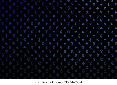 Dark blue vector cover with symbols of gamble. Colorful gradient with signs of hearts, spades, clubs, diamonds. Pattern for leaflets of poker games, events.