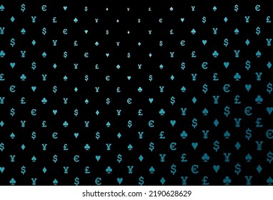 Tapa vectorial azul oscuro con símbolos de juego. Ilustración brillante con corazones, espadas, palos, diamantes. Plantilla para tarjetas de visita de casinos.