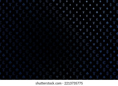 Dunkelblaue Vektorgrafik mit Symbolen des Spiels. Farbige Illustration mit Herz, Pik, Clubs, Diamanten. Muster für Prospekte von Pokerspielen, Events.
