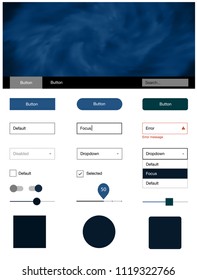 Dark BLUE vector design ui kit with universe stars. Web ui kit with abstract gradient clouds in its header. This template you can use for landing pages.