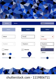 Dark BLUE vector design ui kit with mosaic. Ui Ux kit with colorful polygonal background in its header. Beautiful layout for websites, landing pages.