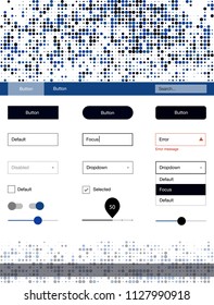 Dark BLUE vector design ui kit with dots. Simple Material Design Kit with colorful dots in header. This sample is for your landing page.