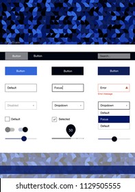 Dark BLUE vector design ui kit with dots. Web ui kit with abstract gradient circles in its header. This template you can use for websites.