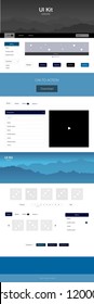 Dark BLUE vector design ui kit with landscape. Modern Style guide with colorful gradient mountains in its header. Template for website of outdoor activities.