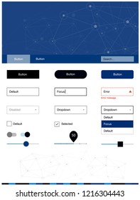 Dark BLUE vector design ui kit with mosaic, circles. Ui Ux kit with colorful polygonal background in its header. This sample is for your landing page.