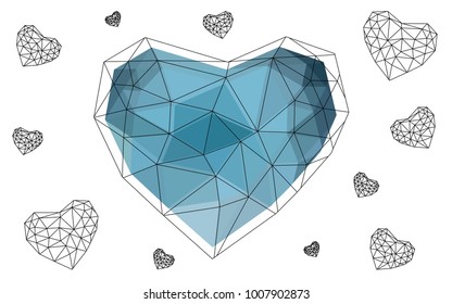 DARK BLUE vector greeting Card Happy Valentine's Day. Lettering with hearts on the white polygonal background. Colored triangular illustration for your business.