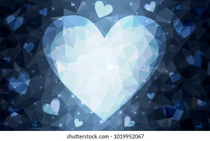 DARK BLUE vector greeting Card Happy Valentine's Day. Lettering with hearts on the white polygonal background. Colored triangular illustration for your business.