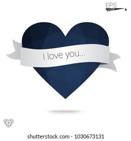 DARK BLUE vector greeting Card Happy Valentine's Day. Lettering with hearts on the white polygonal background. Colored triangular illustration for your business.