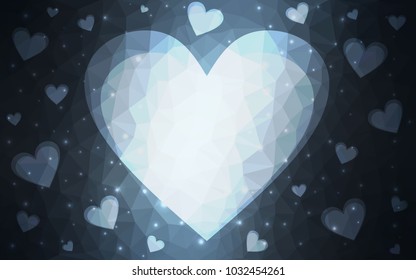 DARK BLUE vector greeting Card Happy Valentine's Day. Lettering with hearts on the white polygonal background. Colored triangular illustration for your business.