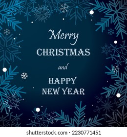dark blue vector greeting card with snowflakes - merry christmas and happy new year