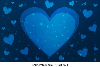 Dark Blue vector greeting Card Happy Valentine's Day. Lettering with hearts on the white polygonal background. Colored triangular illustration for your business.