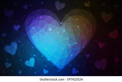 DARK BLUE vector greeting Card Happy Valentine's Day. Lettering with hearts on the white polygonal background. Colored triangular illustration for your business.