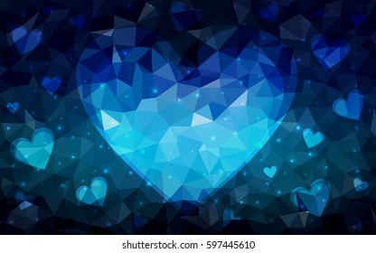 DARK BLUE vector greeting Card Happy Valentine's Day. Lettering with hearts on the white polygonal background. Colored triangular illustration for your business.