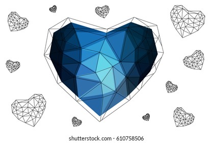 DARK BLUE vector greeting Card Happy Valentine's Day. Lettering with hearts on the white polygonal background. Colored triangular illustration for your business.
