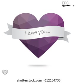 DARK BLUE vector greeting Card Happy Valentine's Day. Lettering with hearts on the white polygonal background. Colored triangular illustration for your business.