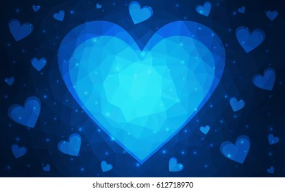 DARK BLUE vector greeting Card Happy Valentine's Day. Lettering with hearts on the white polygonal background. Colored triangular illustration for your business.