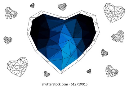 DARK BLUE vector greeting Card Happy Valentine's Day. Lettering with hearts on the white polygonal background. Colored triangular illustration for your business.