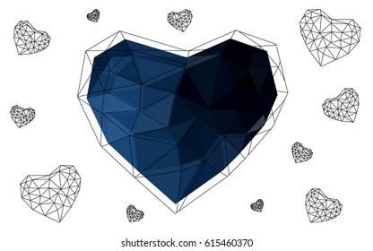 DARK BLUE vector greeting Card Happy Valentine's Day. Lettering with hearts on the white polygonal background. Colored triangular illustration for your business.