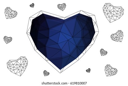DARK BLUE vector greeting Card Happy Valentine's Day. Lettering with hearts on the white polygonal background. Colored triangular illustration for your business.