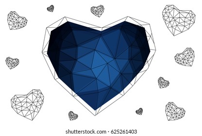 DARK BLUE vector greeting Card Happy Valentine's Day. Lettering with hearts on the white polygonal background. Colored triangular illustration for your business.