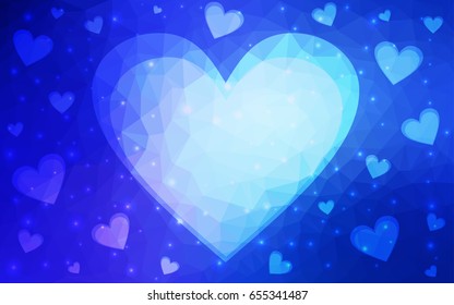 DARK BLUE vector greeting Card Happy Valentine's Day. Lettering with hearts on the white polygonal background. Colored triangular illustration for your business.