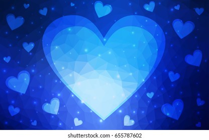 DARK BLUE vector greeting Card Happy Valentine's Day. Lettering with hearts on the white polygonal background. Colored triangular illustration for your business.