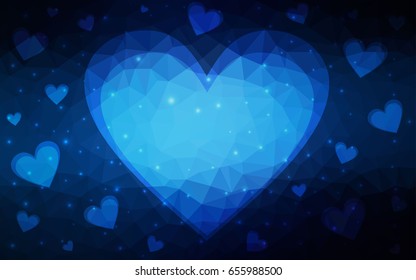 DARK BLUE vector greeting Card Happy Valentine's Day. Lettering with hearts on the white polygonal background. Colored triangular illustration for your business.