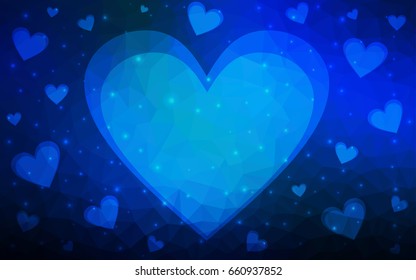 DARK BLUE vector greeting Card Happy Valentine's Day. Lettering with hearts on the white polygonal background. Colored triangular illustration for your business.