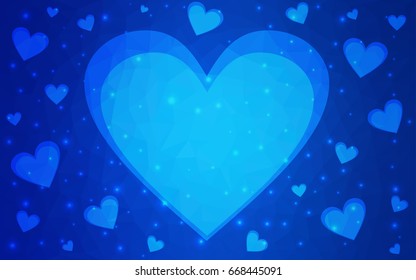 DARK BLUE vector greeting Card Happy Valentine's Day. Lettering with hearts on the white polygonal background. Colored triangular illustration for your business.