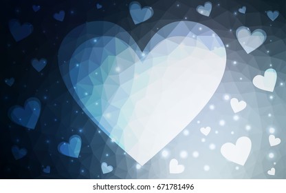 DARK BLUE vector greeting Card Happy Valentine's Day. Lettering with hearts on the white polygonal background. Colored triangular illustration for your business.