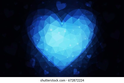 DARK BLUE vector greeting Card Happy Valentine's Day. Lettering with hearts on the white polygonal background. Colored triangular illustration for your business.