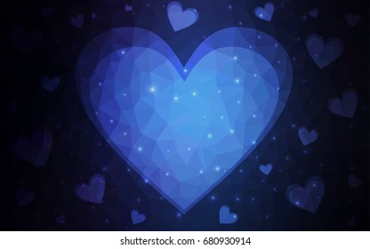 DARK BLUE vector greeting Card Happy Valentine's Day. Lettering with hearts on the white polygonal background. Colored triangular illustration for your business.