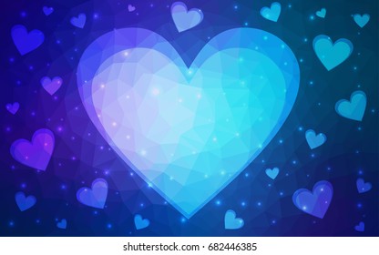 DARK BLUE vector greeting Card Happy Valentine's Day. Lettering with hearts on the white polygonal background. Colored triangular illustration for your business.