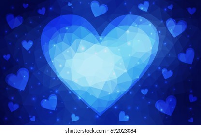 DARK BLUE vector greeting Card Happy Valentine's Day. Lettering with hearts on the white polygonal background. Colored triangular illustration for your business.