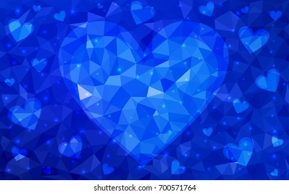 DARK BLUE vector greeting Card Happy Valentine's Day. Lettering with hearts on the white polygonal background. Colored triangular illustration for your business.