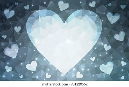 DARK BLUE vector greeting Card Happy Valentine's Day. Lettering with hearts on the white polygonal background. Colored triangular illustration for your business.