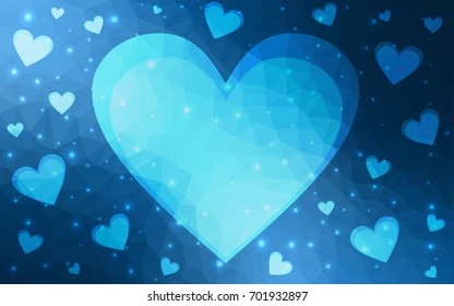 DARK BLUE vector greeting Card Happy Valentine's Day. Lettering with hearts on the white polygonal background. Colored triangular illustration for your business.