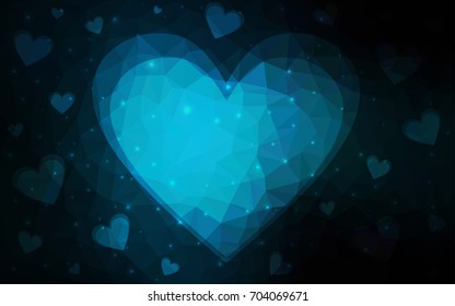 DARK BLUE vector greeting Card Happy Valentine's Day. Lettering with hearts on the white polygonal background. Colored triangular illustration for your business.